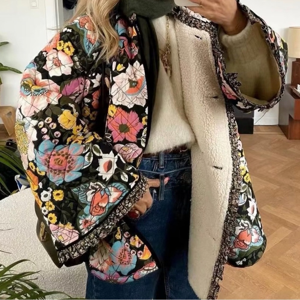 Quilted Dark Floral Sherpa Lined Jacket
